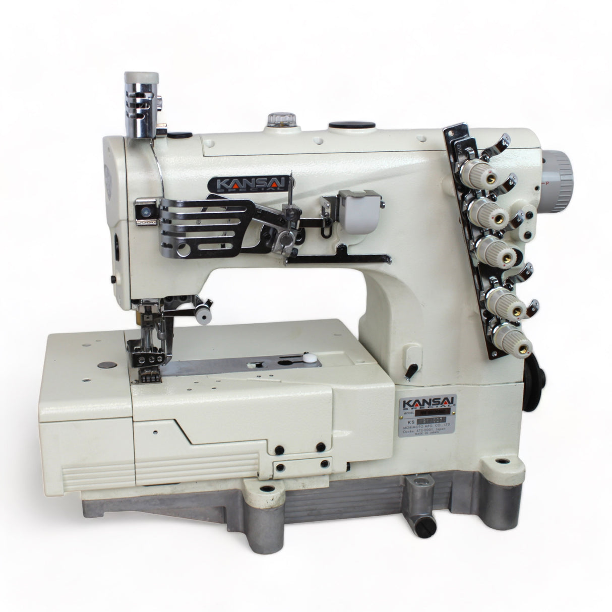 KANSAI SPECIAL NW-8803GMG 1/4 3 Needle Flatbed Coverstitch Industrial Sewing Machine Assembled with Servo Motor, Fully Submerged Table Setup Included