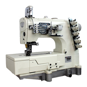 KANSAI SPECIAL NW-8803GMG 1/4 3 Needle Flatbed Coverstitch Industrial Sewing Machine Assembled with Servo Motor, Fully Submerged Table Setup Included