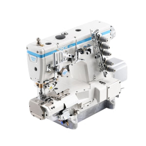 JACK K6-A-UT-35ACx364 Computerized Direct Drive Three Needle Top and Bottom Cylinder-Bed Coverstitch with Left Hand Knife, Thread Trimmer and Vacuum Assembled with Table and Stand