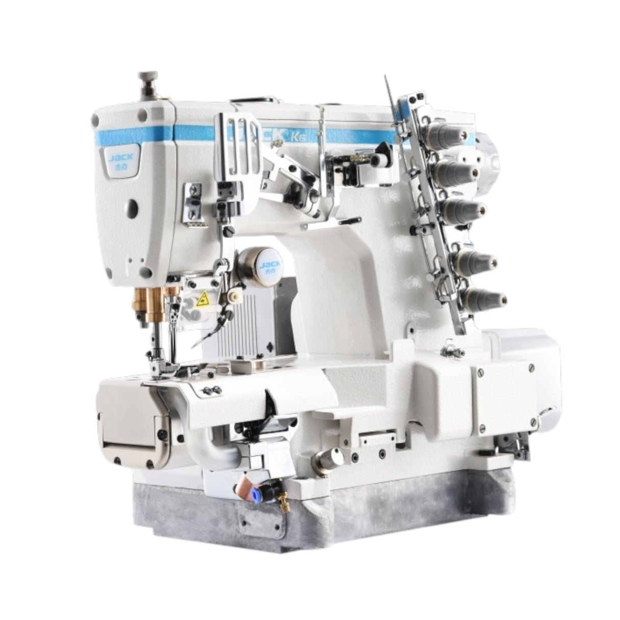 JACK K6-A-UT-35ACx364 Computerized Direct Drive Three Needle Top and Bottom Cylinder-Bed Coverstitch with Left Hand Knife, Thread Trimmer and Vacuum Assembled with Table and Stand