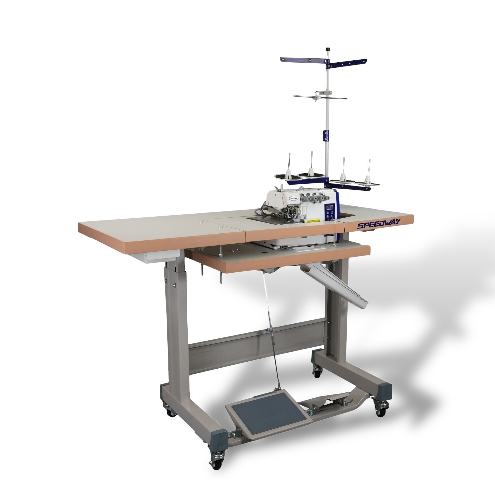 SPEEDWAY SW 747 e 4 Thread Overlock Industrial Sewing Machine Assembled  with Direct Servo Motor, Fully Submerged Table Setup With Wheels