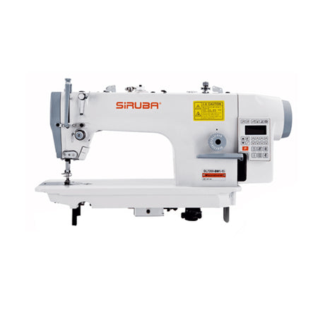 SIRUBA DL-7200-BM1-16 Single Needle.  Sewing machine with drop feed and reverse, assembled with table and stand, in white color.
