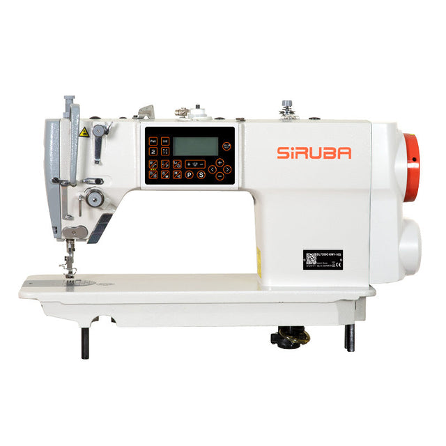 SIRUBA DL7200C-BH1-16Q. Sewing machine with a single needle, digital control panel, and drop feed mechanism, assembled with a table and stand.
