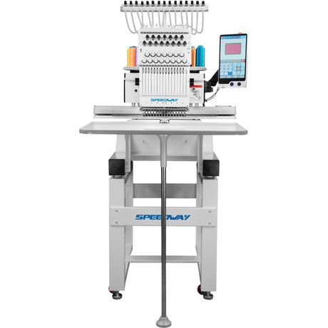 Máquina de bordar industrial computarizada SPEEDWAY BC-1500 de 15 agujas, 510 × 400 mm (20,08 × 15,75"), multicolor, alta velocidad, corte automático de hilo y cambio de color, pantalla táctil, entrada USB, incluye mesa y soporte.