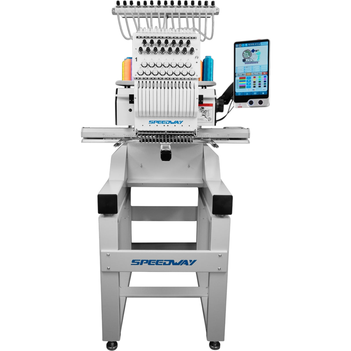 Máquina de bordar industrial computarizada SPEEDWAY BC-1500 de 15 agujas, 510 × 400 mm (20,08 × 15,75"), multicolor, alta velocidad, corte automático de hilo y cambio de color, pantalla táctil, entrada USB, incluye mesa y soporte.