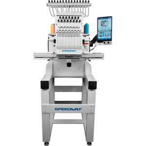 Máquina de bordar industrial computarizada SPEEDWAY BC-1500 de 15 agujas, 510 × 400 mm (20,08 × 15,75"), multicolor, alta velocidad, corte automático de hilo y cambio de color, pantalla táctil, entrada USB, incluye mesa y soporte.