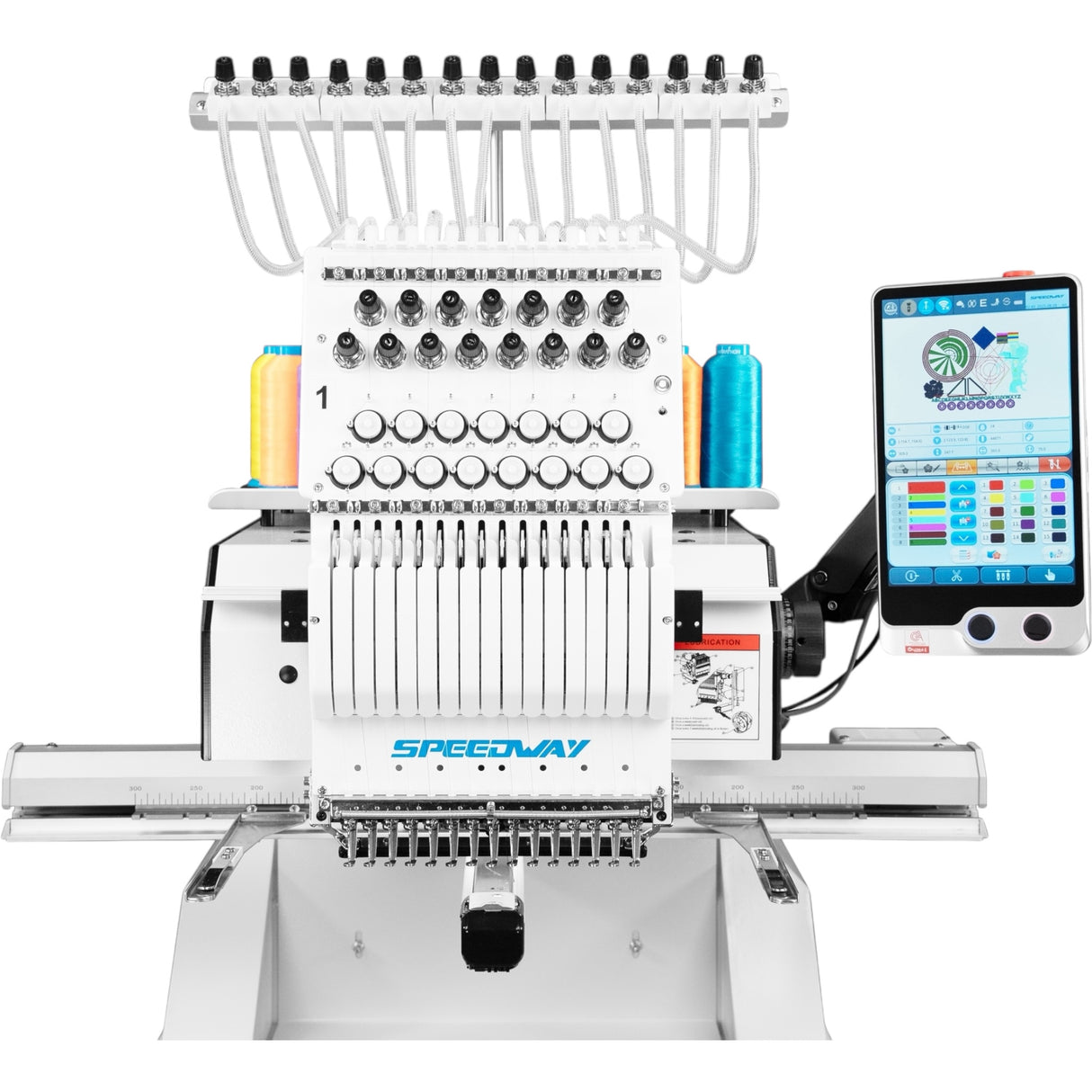 Máquina de bordar industrial computarizada SPEEDWAY BC-1500 de 15 agujas, 510 × 400 mm (20,08 × 15,75"), multicolor, alta velocidad, corte automático de hilo y cambio de color, pantalla táctil, entrada USB, incluye mesa y soporte.