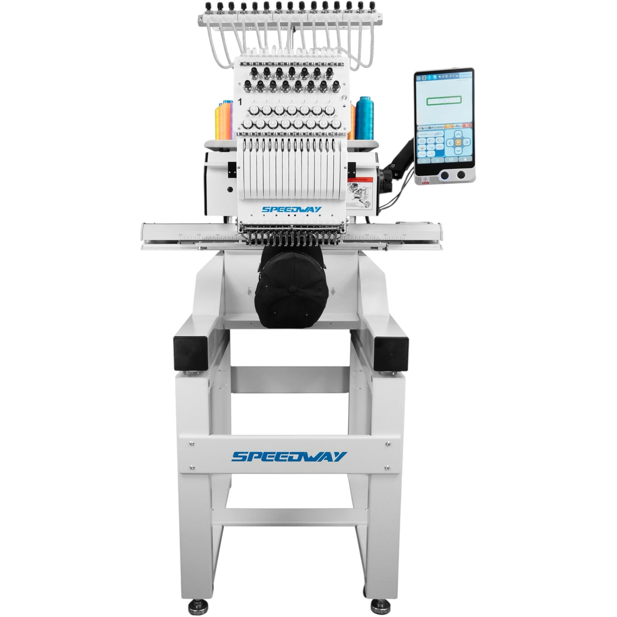 Máquina de bordar industrial computarizada SPEEDWAY BC-1500 de 15 agujas, 510 × 400 mm (20,08 × 15,75"), multicolor, alta velocidad, corte automático de hilo y cambio de color, pantalla táctil, entrada USB, incluye mesa y soporte.