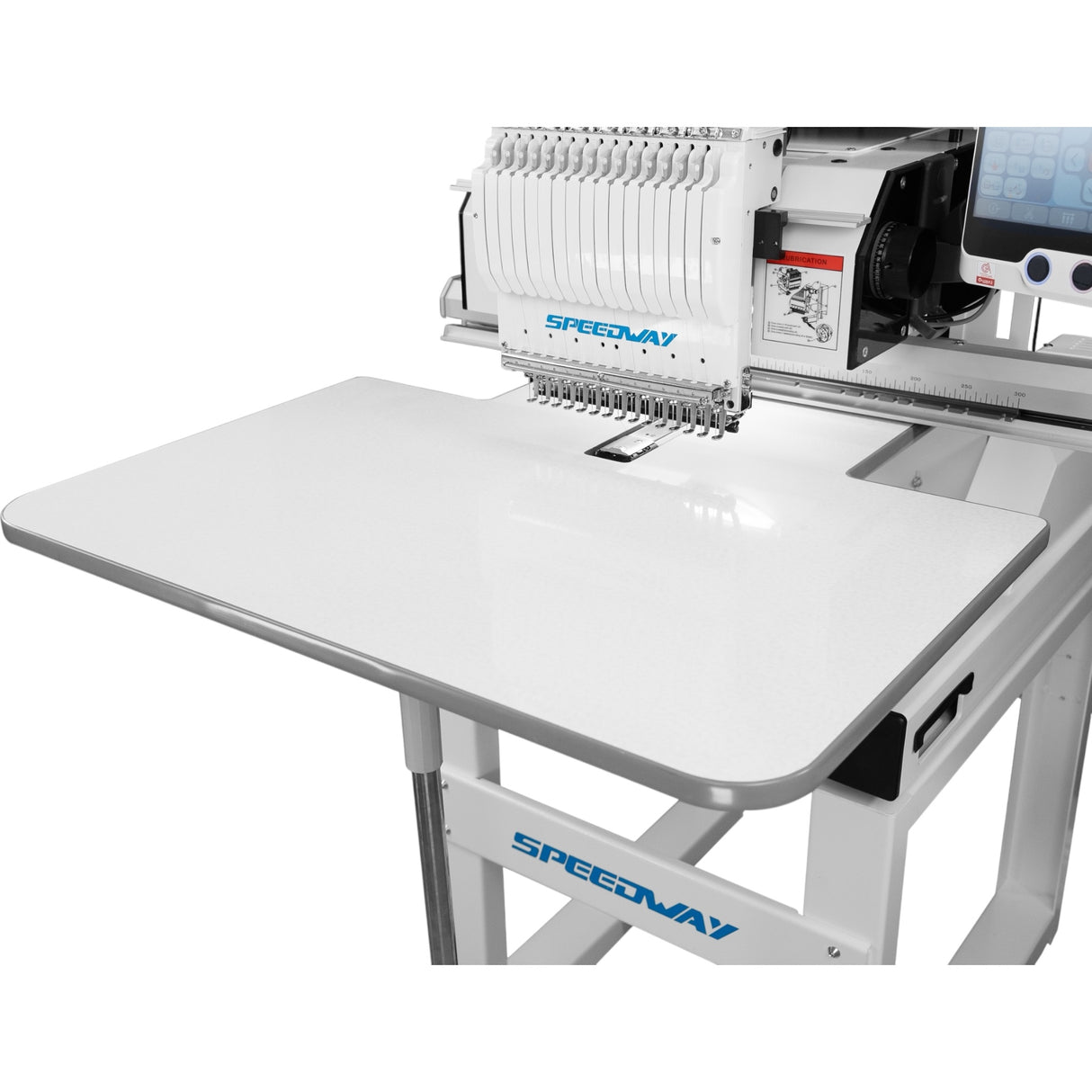 Máquina de bordar industrial computarizada SPEEDWAY BC-1500 de 15 agujas, 510 × 400 mm (20,08 × 15,75"), multicolor, alta velocidad, corte automático de hilo y cambio de color, pantalla táctil, entrada USB, incluye mesa y soporte.