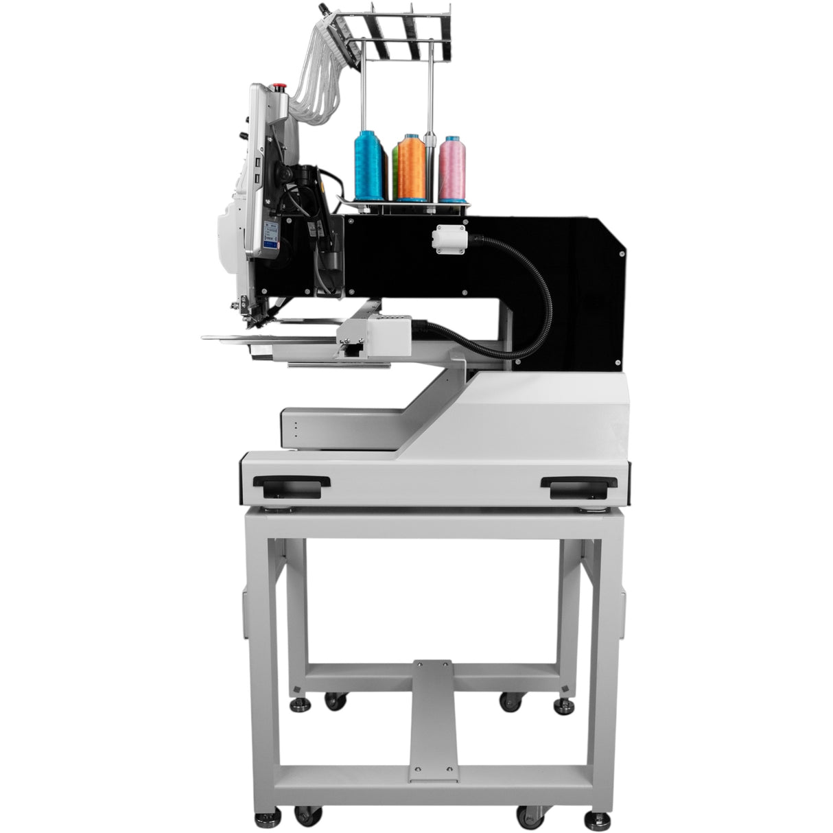 Máquina de bordar industrial computarizada SPEEDWAY BC-1500 de 15 agujas, 510 × 400 mm (20,08 × 15,75"), multicolor, alta velocidad, corte automático de hilo y cambio de color, pantalla táctil, entrada USB, incluye mesa y soporte.