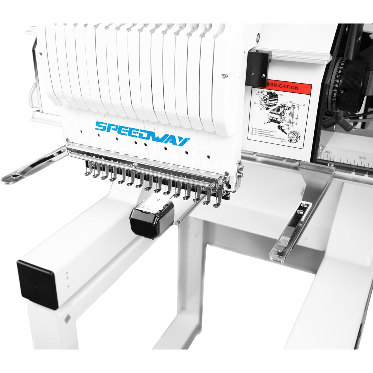 Máquina de bordar industrial computarizada SPEEDWAY BC-1500 de 15 agujas, 510 × 400 mm (20,08 × 15,75"), multicolor, alta velocidad, corte automático de hilo y cambio de color, pantalla táctil, entrada USB, incluye mesa y soporte.
