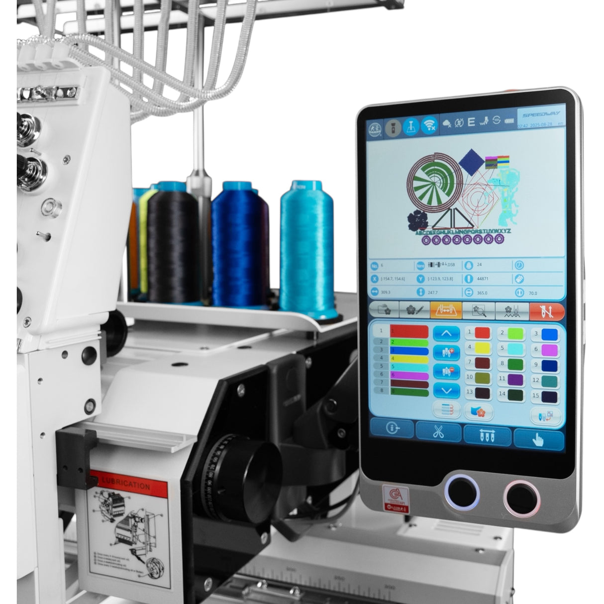 Máquina de bordar industrial computarizada SPEEDWAY BC-1500 de 15 agujas, 510 × 400 mm (20,08 × 15,75"), multicolor, alta velocidad, corte automático de hilo y cambio de color, pantalla táctil, entrada USB, incluye mesa y soporte.