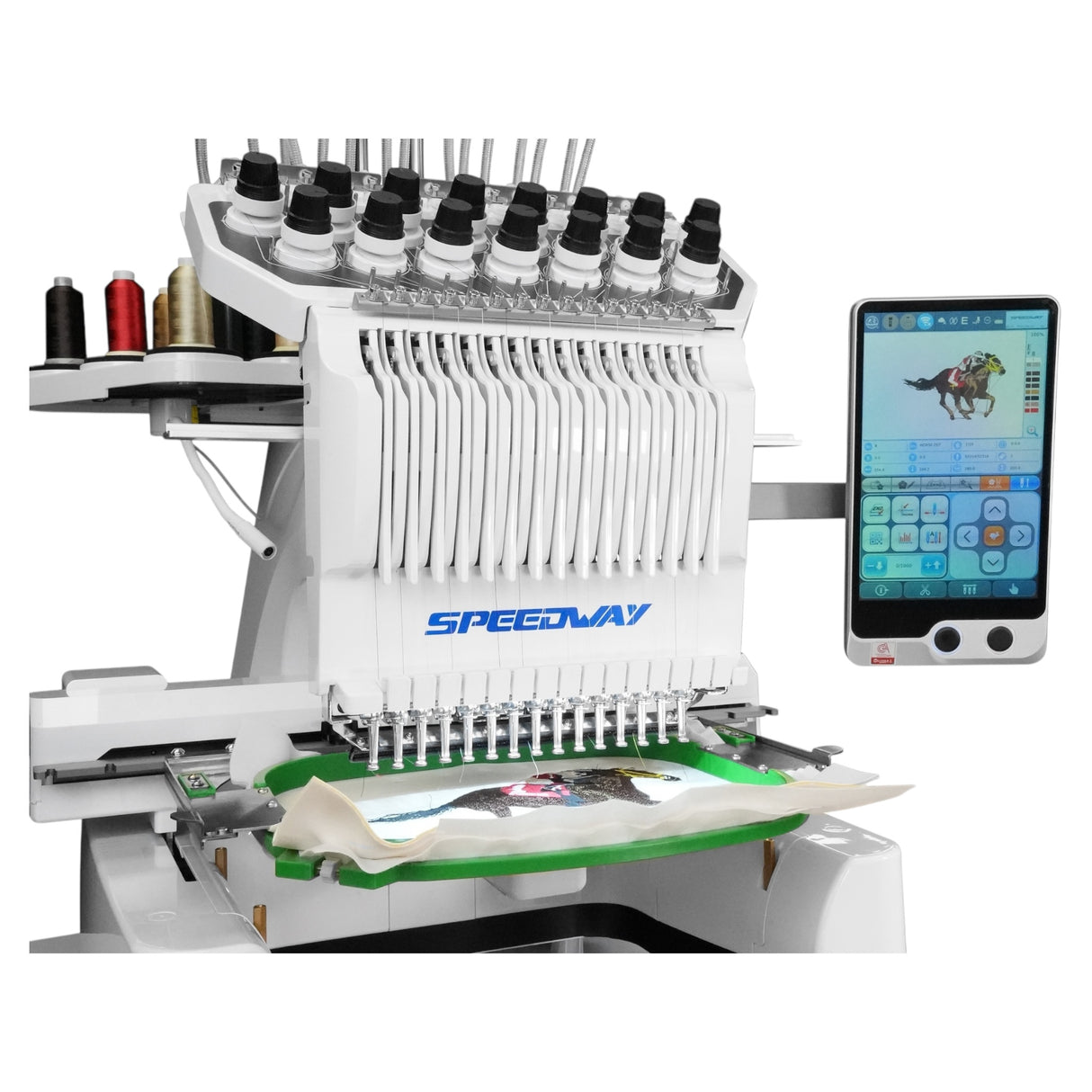 SPEEDWAY BF-1500 15 Needle Computerized Embroidery Machine 360×200mm Multi-Color High Speed Automatic Thread Trimming and Color Change Touchscreen USB Input Complete Assembled with Table and Stand Included