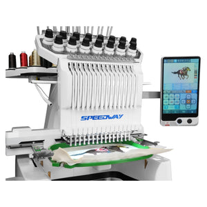 SPEEDWAY BF-1500 15 Needle Computerized Embroidery Machine 360×200mm Multi-Color High Speed Automatic Thread Trimming and Color Change Touchscreen USB Input Complete Assembled with Table and Stand Included