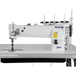 SPEEDWAY SW-4420-L18 Double Needle 3/8" Long Arm Heavy Duty Unison Feed Walking Foot Sewing Machine Assembled with Servo Motor, Table and Stand