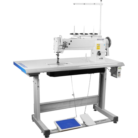 SPEEDWAY SW-4420-L18 Double Needle 3/8" Long Arm Heavy Duty Unison Feed Walking Foot Sewing Machine Assembled with Servo Motor, Table and Stand