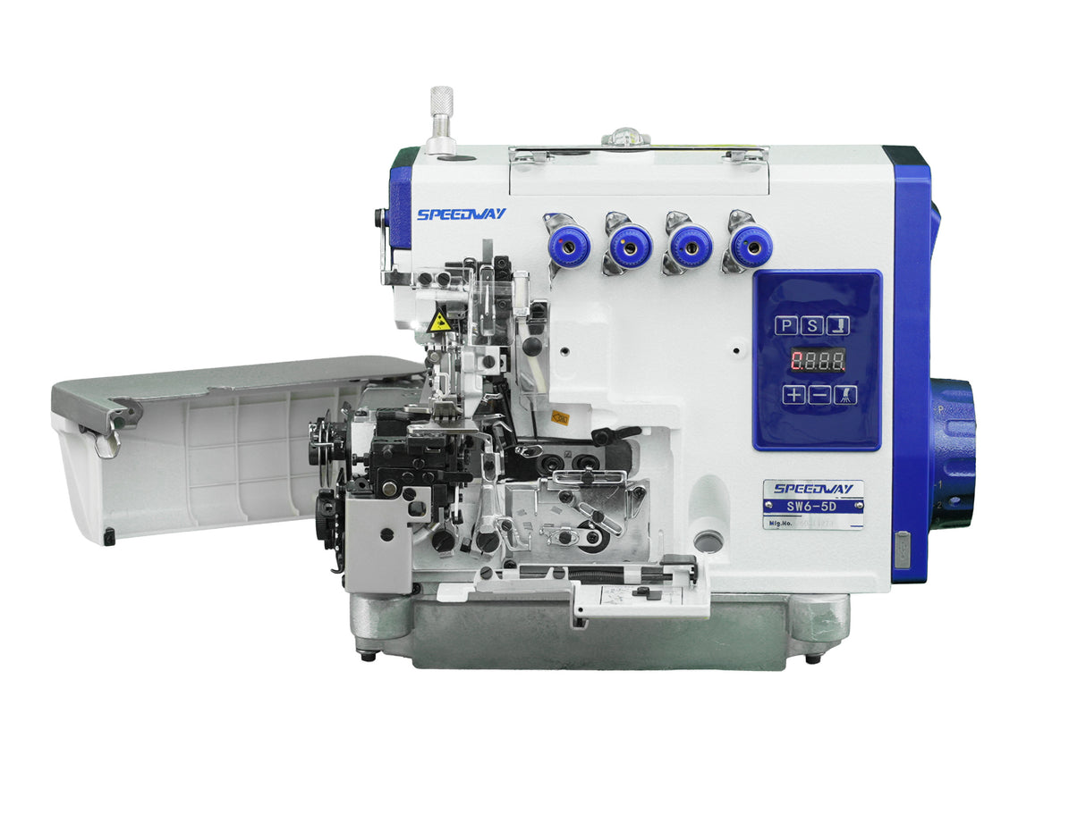 SPEEDWAY SW6-5D 2-Needle 5-Thread True Safety Stitch Direct Drive Overlock Industrial Sewing Machine for Wovens, Denim & Workwear - Complete Setup, Fully Submerged Table Included