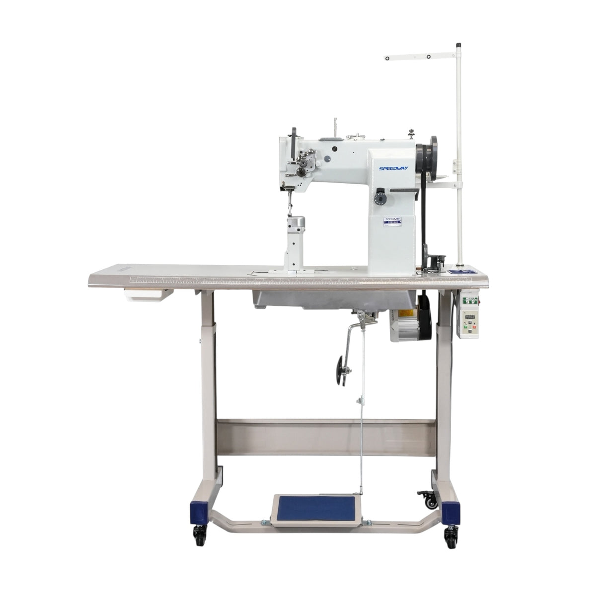SPEEDWAY SW 82440 Post Bed Single Needle Walking Foot Heavy Duty Unison Feed Walking Foot Sewing Machine Assembled with Servo Motor, Table and Stand Included