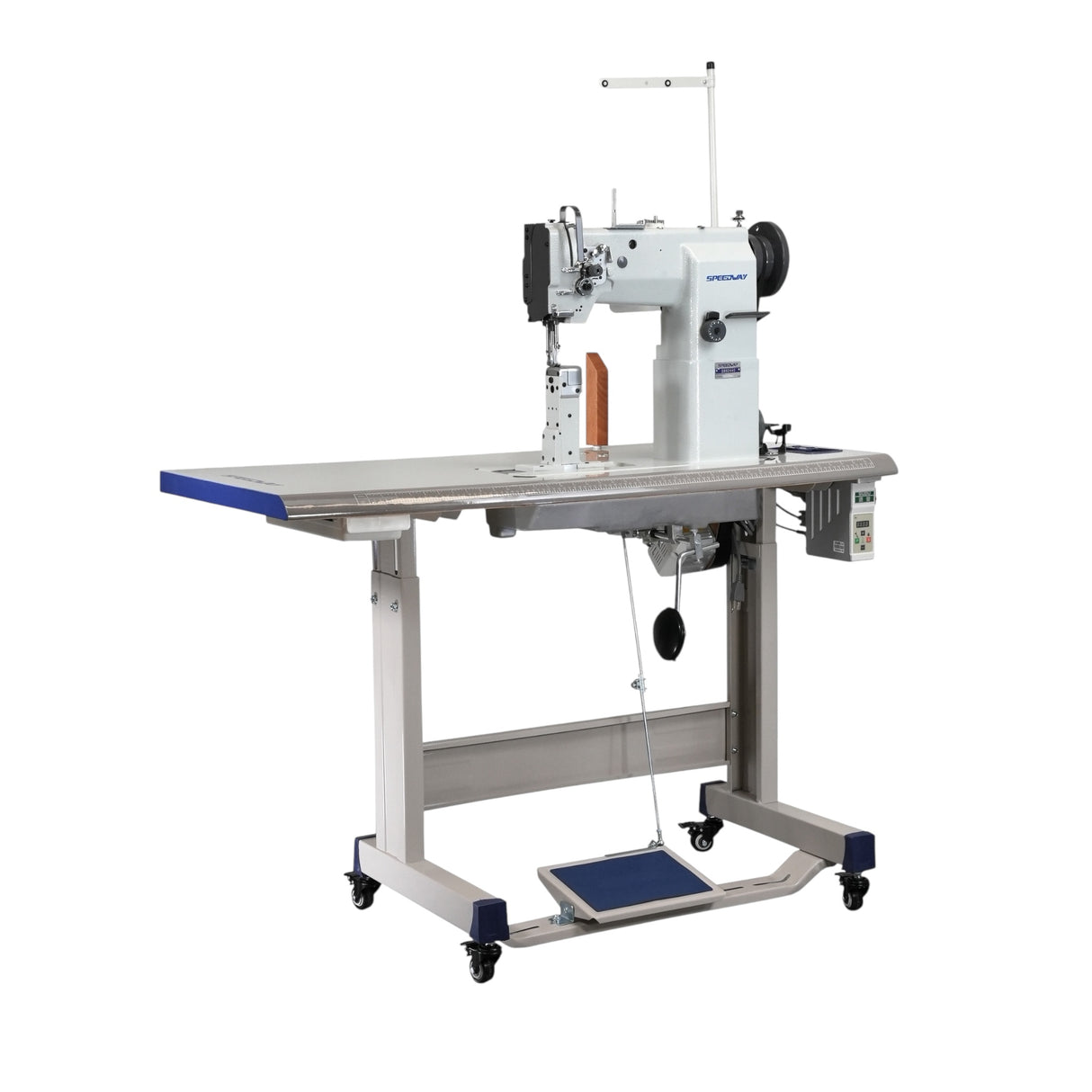 SPEEDWAY SW 82440 Post Bed Single Needle Walking Foot Heavy Duty Unison Feed Walking Foot Sewing Machine Assembled with Servo Motor, Table and Stand Included