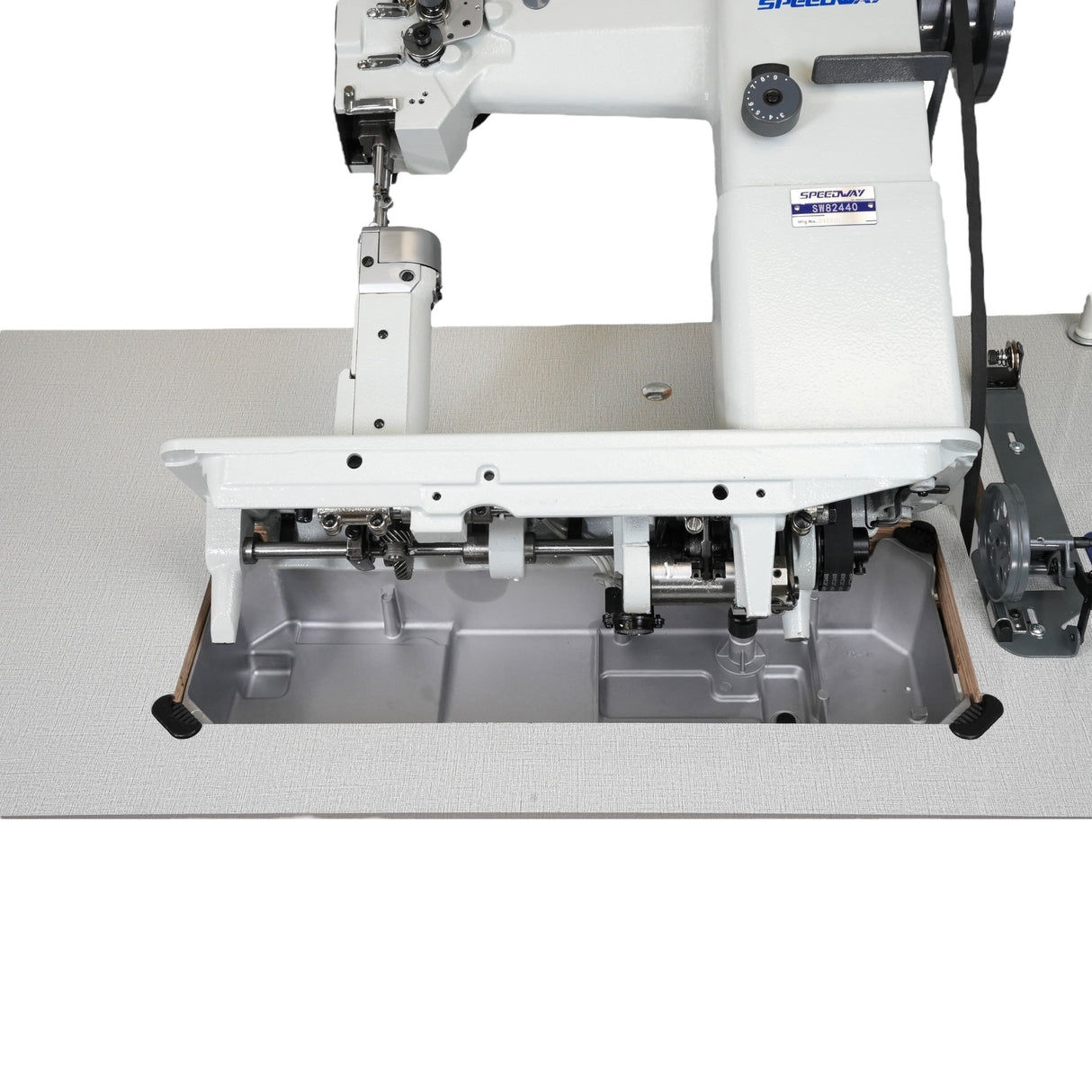 SPEEDWAY SW 82440 Post Bed Single Needle Walking Foot Heavy Duty Unison Feed Walking Foot Sewing Machine Assembled with Servo Motor, Table and Stand Included