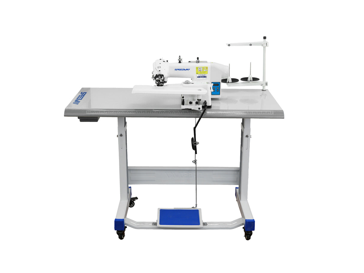 SPEEDWAY® SW-101D – Bastilladora industrial de puntada invisible con motor de transmisión directa de 550W – Equipo completo, mesa y base incluidas