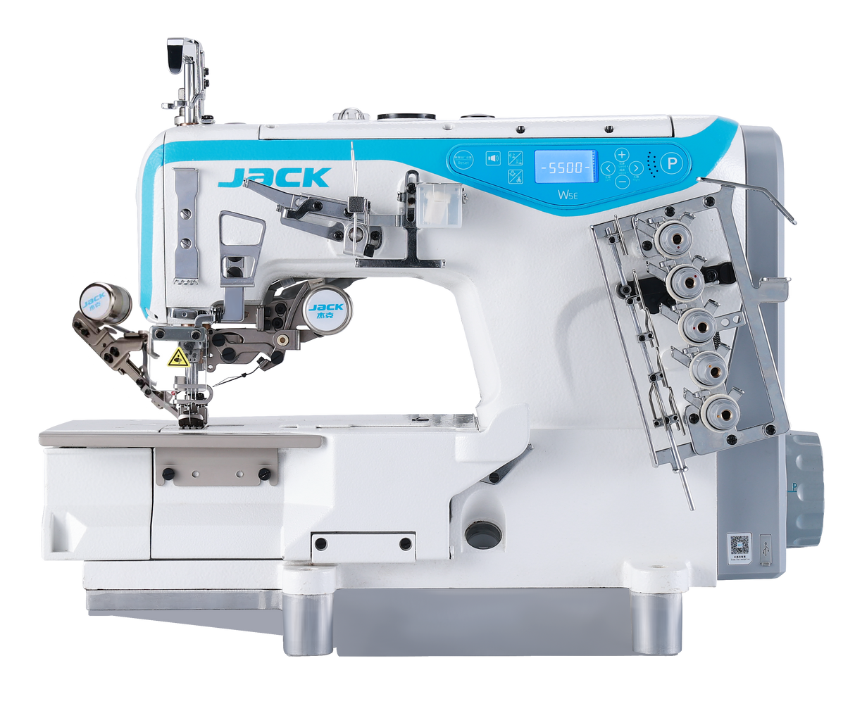 JACK W5E-UT-01GBx364/Z 3 Needle 5 Thread Direct Drive Electronic Flatbed Coverstitch Industrial Sewing Machine with Thread Trimmer and Auto Foot Lifter - Complete Setup, Table, Stand Included