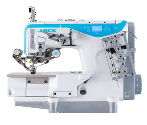 JACK W5E-UT-01GBx364/Z 3 Needle 5 Thread Direct Drive Electronic Flatbed Coverstitch Industrial Sewing Machine with Thread Trimmer and Auto Foot Lifter - Complete Setup, Table, Stand Included