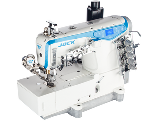 JACK W4S UT 01GB Máquina de coser industrial de puntada de cobertura plana de 3 agujas con cortahilos y elevador de pie, ensamblada con mesa y soporte incluidos 