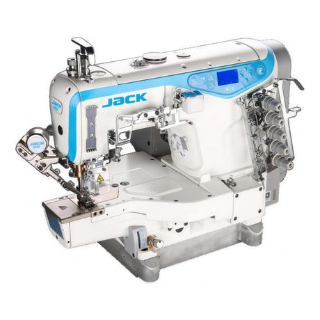 JACK® K5E-UT-01GB×364 – 3-Needle Cylinder Bed Coverstitch with Thread Trimmer – Complete Setup, Table & Stand Included