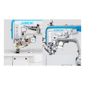 JACK W5E-UT-01GBx364/Z 3 Needle 5 Thread Direct Drive Electronic Flatbed Coverstitch Industrial Sewing Machine with Thread Trimmer and Auto Foot Lifter - Complete Setup, Table, Stand Included
