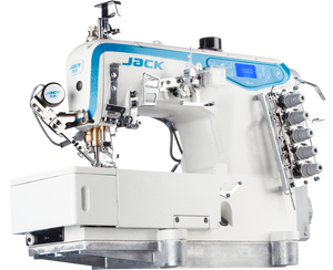 JACK W4S UT 01GB Máquina de coser industrial de puntada de cobertura plana de 3 agujas con cortahilos y elevador de pie, ensamblada con mesa y soporte incluidos 