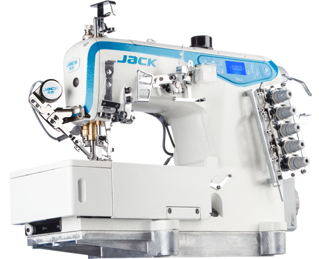 JACK W4S UT 01GB Máquina de coser industrial de puntada de cobertura plana de 3 agujas con cortahilos y elevador de pie, ensamblada con mesa y soporte incluidos 