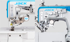 JACK W5E-UT-01GBx364/Z 3 Needle 5 Thread Direct Drive Electronic Flatbed Coverstitch Industrial Sewing Machine with Thread Trimmer and Auto Foot Lifter - Complete Setup, Table, Stand Included