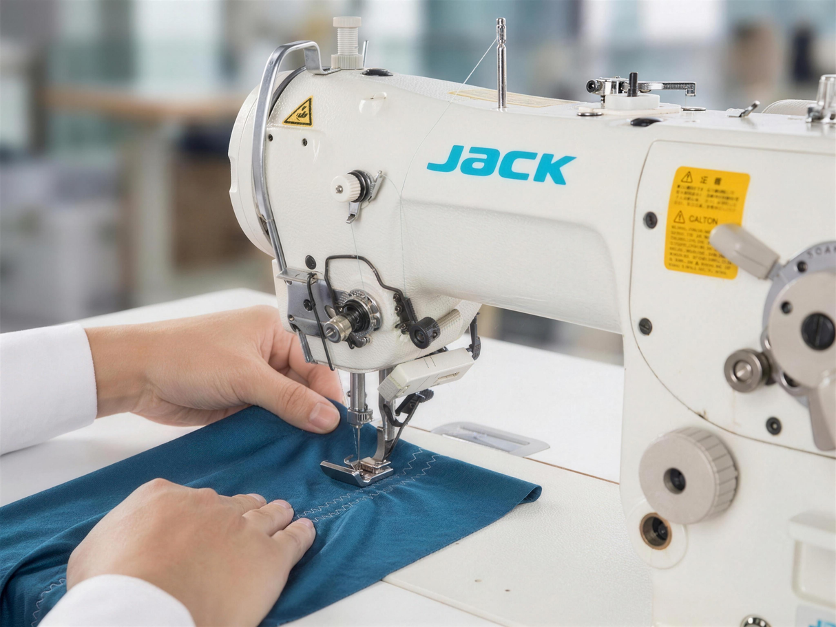 Maquina de coser industrial JACK JK-2284B-4E cosiendo tela elastica de lycra con puntada zig-zag en un taller de confeccion