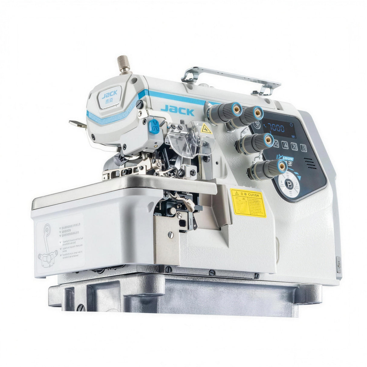 JACK C7-4-M03/333 — Máquina overlock de 4 hilos, reconocimiento inteligente de material, mesa y base incluidas