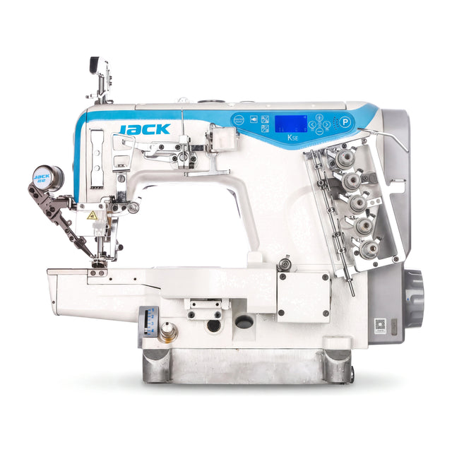 JACK® K5E-UT-01GB×364 – 3-Needle Cylinder Bed Coverstitch with Thread Trimmer – Complete Setup, Table & Stand Included