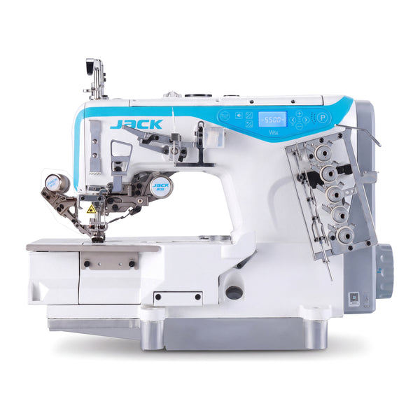 JACK W5E-UT-01GBx364/Z 3 Needle 5 Thread Direct Drive Electronic Flatbed Coverstitch Industrial Sewing Machine with Thread Trimmer and Auto Foot Lifter - Complete Setup, Table, Stand Included