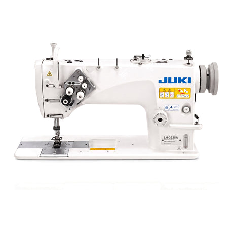 JUKI LH-3528-FS Double Needle Needle Feed Lockstitch Industrial Sewing Machine with Vertical Hook (1/4" / 6.4mm Gauge) - Complete Setup, Table, Stand Included