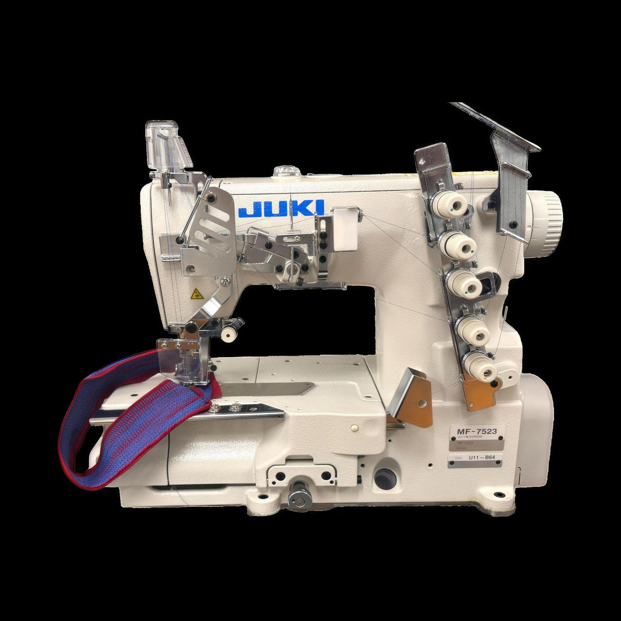JUKI MF-7523U11 — Máquina recubridora de cama plana de tres agujas, ensamblada lista para usar con servomotor, mesa y base incluidas