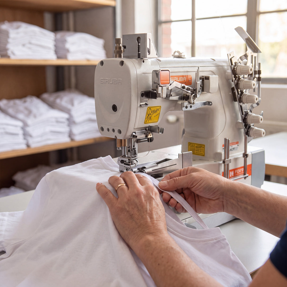 SIRUBA F007K-W222-356/FQ 3 Needle Flatbed Coverstitch with Binding Device Industrial Sewing Machine Assembled with Table and Servo Motor Included