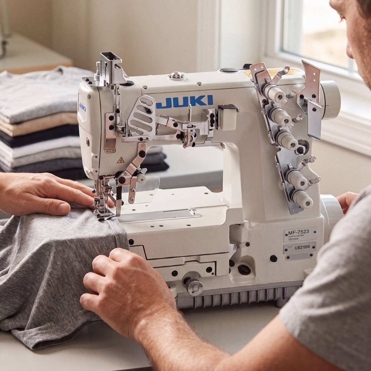 JUKI MF-7523U11 3 Needle Flatbed Coverstitch Industrial Sewing Machine Assembled with Servo Motor, Table and Stand Included
