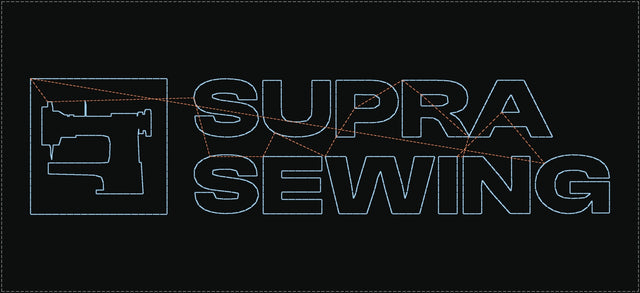 Supra Sewing logo digitized as a stitch pattern, 200 × 47 mm, the kind of design we turn into a JUKI .VDT file