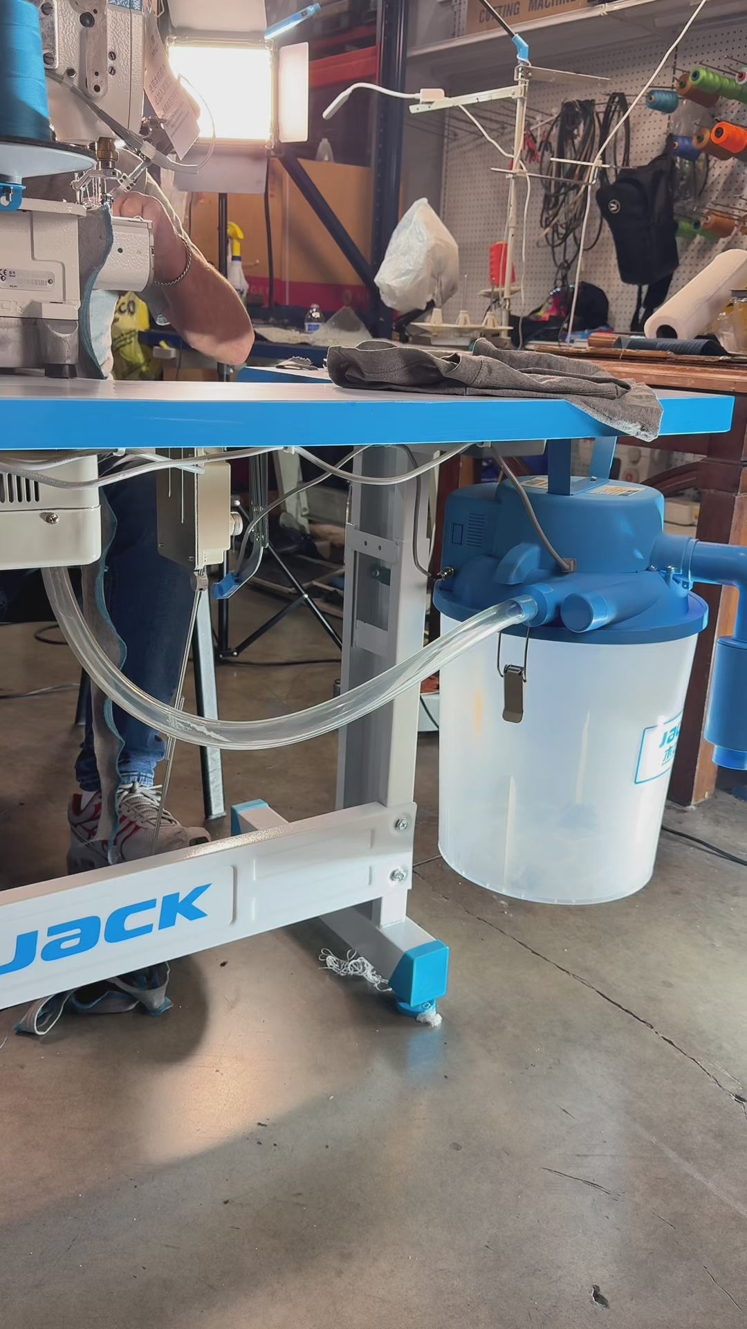 JACK K6-A-UT-35ACx364 Computerized Direct Drive Three Needle Top and Bottom Cylinder-Bed Coverstitch with Left Hand Knife, Thread Trimmer and Vacuum Assembled with Table and Stand