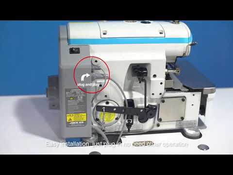 Máquina de coser industrial JACK E4S-3-32R2/223 con dobladillo enrollado de 3 hilos, ensamblada con configuración de mesa completamente sumergida incluida