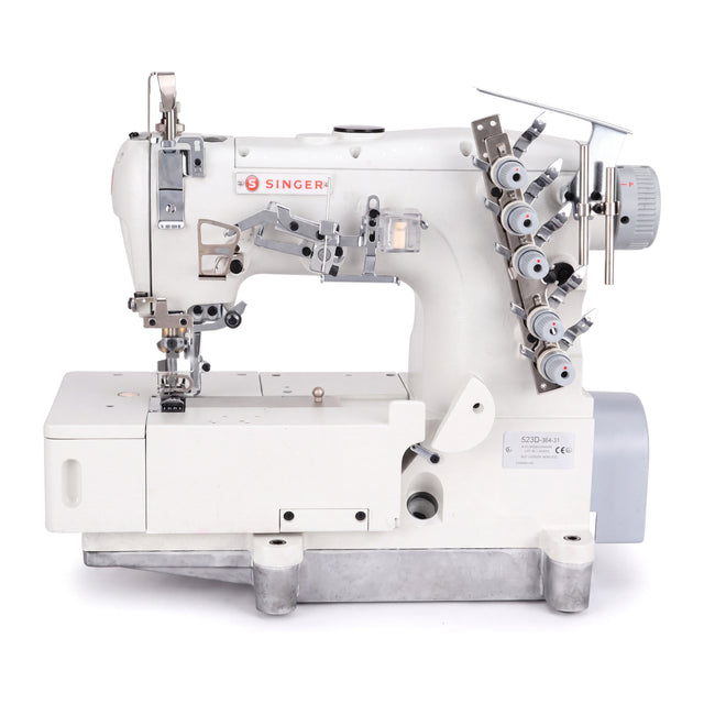 SINGER 523D-364-31-03 3 Needle Flatbed Coverstitch Industrial Sewing Machine Assembled with Servo Motor, Fully Submerged Table Setup Included