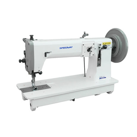 SPEEDWAY SW 243 — Máquina industrial de una aguja, triple arrastre unison, cama plana extra pesada, con lanzadera oscilante grande y motor servo de 900W, para talabartería, cuero, cintas y eslingas — mesa y base incluidas