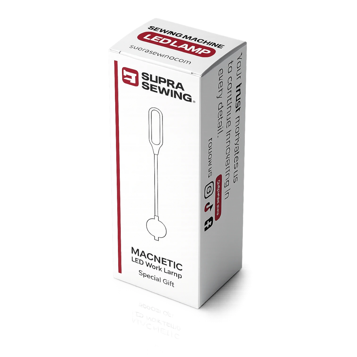 Supra Sewing magnetic 6W LED work lamp for industrial sewing machines, with flexible gooseneck and bright illumination.