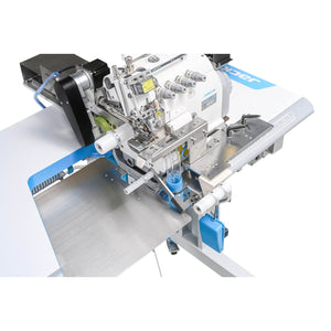 Supra Sewing Online, Llc Jack JK-797TDI automatic overlock system for T-shirt neck and collar attaching, with photocell alignment and touch screen.