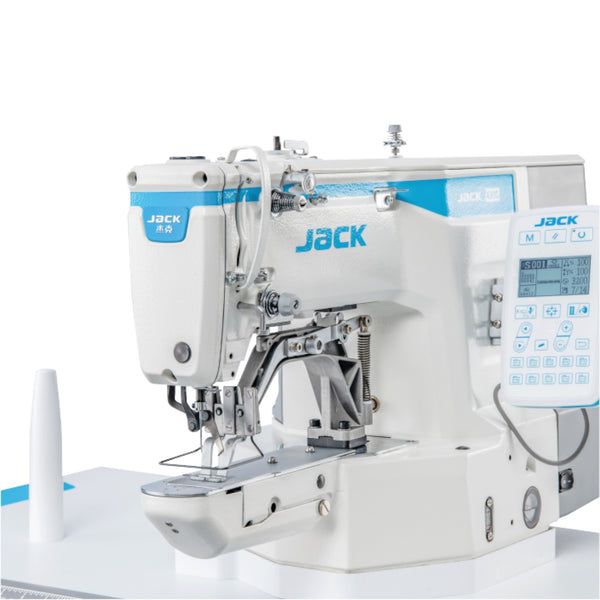 Supra Sewing Online, Llc Jack JK-T430G-02-Z/P direct drive electronic bar tacker sewing machine with digital display for heavy materials.