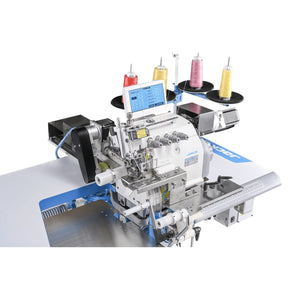 Supra Sewing Online, Llc Jack JK-797TDI automatic T-shirt neck attaching overlock system with touchscreen and photocell alignment.